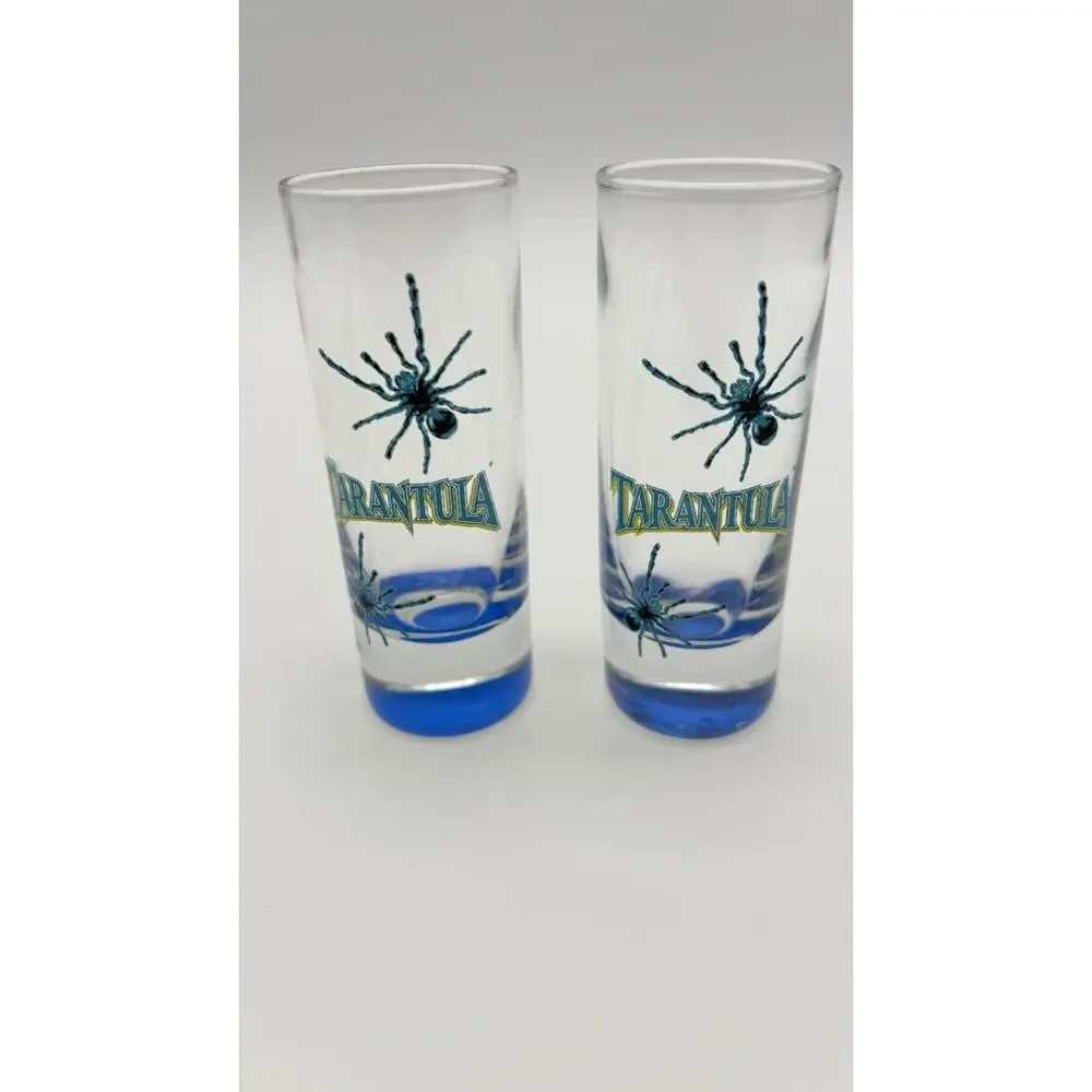 Set Of 2 Tarantula Tequila Shot Glasses Spiders Blue & Clear Very Good Condition